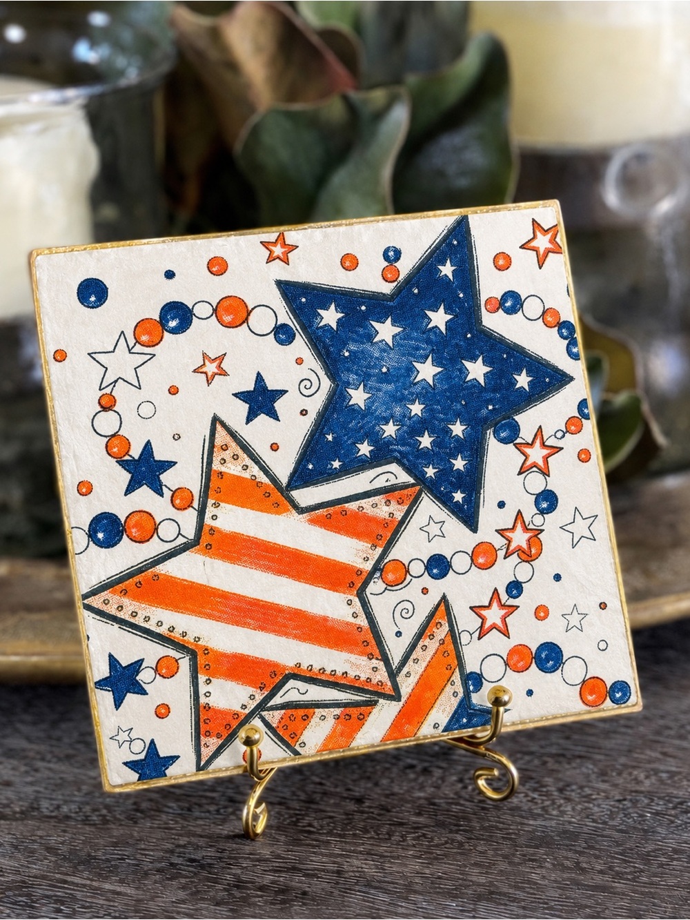 Hand Crafted Patriotic Stars Ceramic Coaster Stone Red Blue 4”